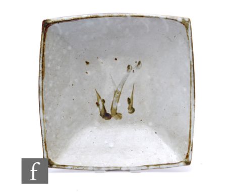 William (Bill) Marshall - A 20th Century stoneware bowl of square section, tonal brown brushstrokes to centre, width 33cm.