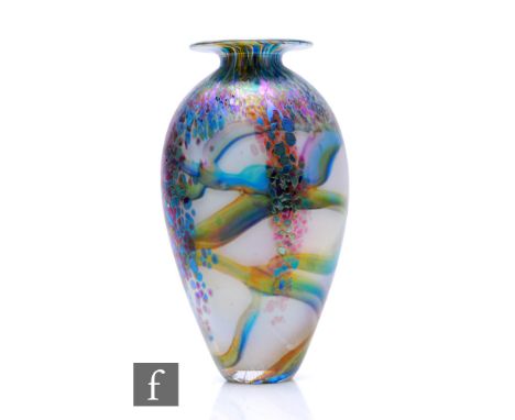 Jonathan Harris - A contemporary studio glass vase in the Monet pattern, of compressed ovoid form with wide flat rim, with de