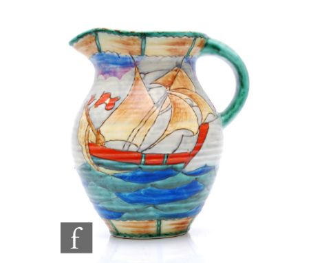 Crown Devon - A 1930s Art Deco jug, of ovoid form with flared neck, tube line decorated with a clipper ship at sea and a ligh