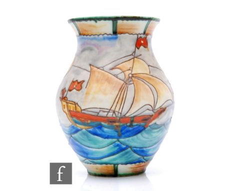 Crown Devon - A 1930s Art Deco vase of ovoid form with flared neck, tube line decorated with a clipper ship at sea and a ligh