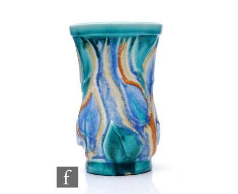 Clarice Cliff - Inspiration Scraffito - A shape 474 vase of swollen sleeve form, relief molded with stylised leaves picked ou