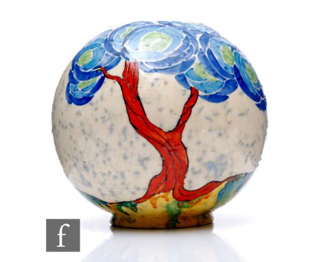 Clarice Cliff - Patina Tree Blue - A shape 370 Globe vase circa 1931, hand painted with a stylised flowering tree to a landsc