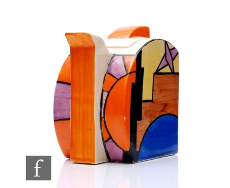 Clarice Cliff - Sunray - A Stamford shape teapot circa 1930, hand painted with an abstract cityscape with rising sun and bird