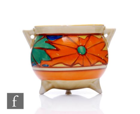 Clarice Cliff - Umbrellas - A cauldron circa 1929, hand painted with panels starburst motifs with yellow and orange banding, 