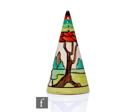 Clarice Cliff - Limberlost - A conical sugar sifter circa 1934, hand painted with a stylised tree landscape with brown, red a