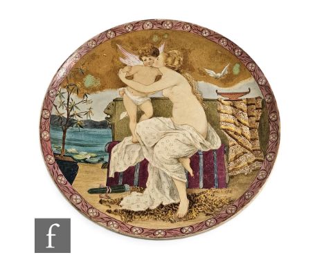 Minton - In the manner of W. S. Coleman - A large shallow circular dish form charger circa 1880, hand enamelled with a semi-c