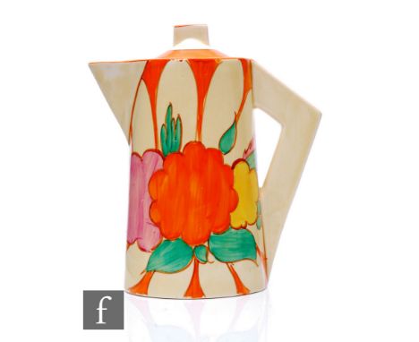 Clarice Cliff - Fruitburst - A Conical shape coffee pot circa 1931, hand painted with stylised flowers and foliage over a sun