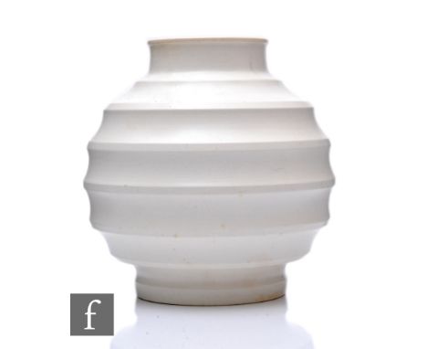 Keith Murray - Wedgwood - A Football vase glazed in Moonstone white, drilled for conversion to lamp base, printed signature m