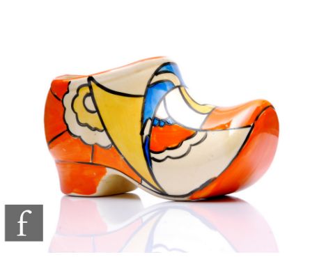 Clarice Cliff - Zap - A large Sabot or Clog circa 1930, hand painted with an abstract flower and foliate motif with orange ba