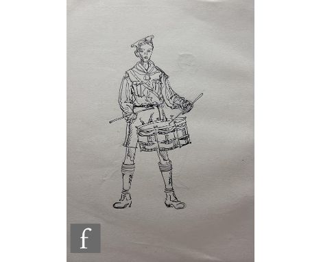 Albert Wainwright (1898-1943) - The Sea Scout playing the drum, to the reverse a study of youth wearing a red jacket, pen ink
