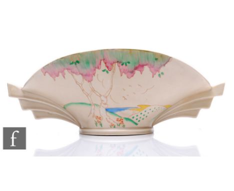 Clarice Cliff - Pink Taormina - A shape 450 Daffodil bowl circa 1936, hand painted with a stylised coastal landscape with tre