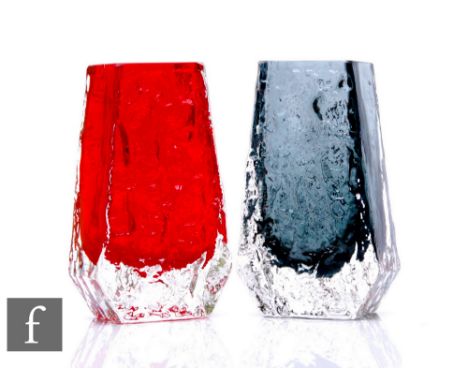 Geoffrey Baxter - Whitefriars - Two Textured range Coffin vases, pattern number 9686, in Pewter and Ruby, height 13cm, some d