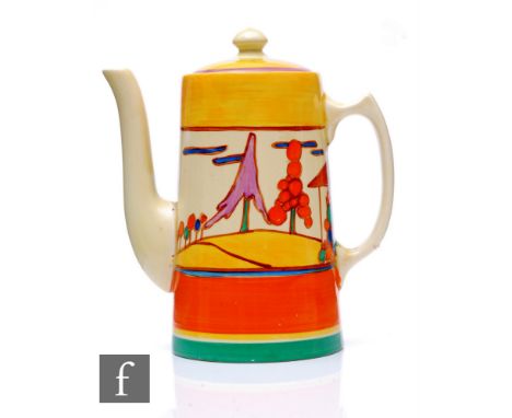 Clarice Cliff - Seven Colour Trees &amp; House - A Tankard shape coffee pot circa 1930, hand painted with a stylised tree and