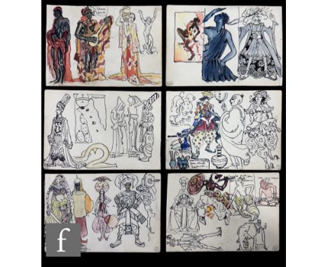 Albert Wainwright (1898-1943) - Six small double sided sketch pages depicting figurative studies, elaborate costumes and exte
