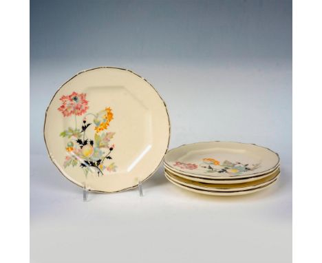 Cream-colored plates with metallic-silver trims adorned in a flower pattern. Taylor, Smith &amp; Taylor Co. backstamp. Issued
