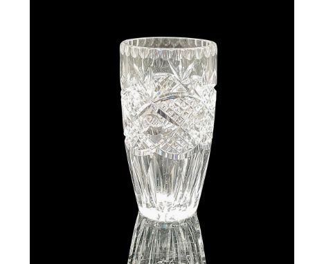 Tall, elegant clear crystal vase with thumb print edge, crosshatch and leaf cut design. Roxford etched mark. Issued: 20th cen