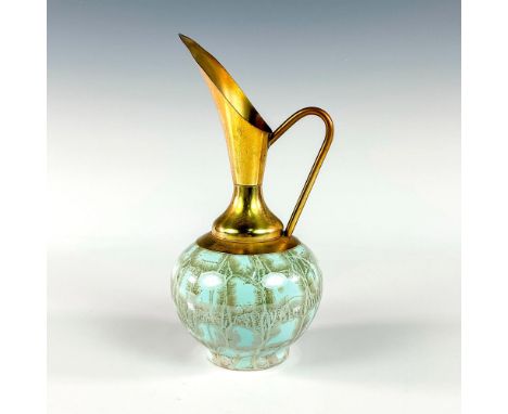 Turquoise toned with lustre finish &amp; branch patterning. Brass accented handle and spout.Hand Painted Delft Holland on bot