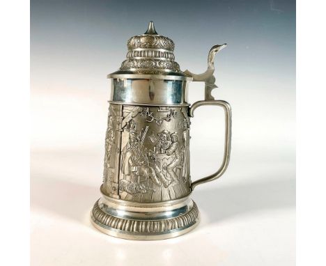 Meticulous tankard with lid featuring a raised hunting scene along the body. Made in West Germany impressed to underside. Dim