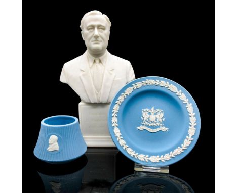 Includes resin bust commemorating FDR and light blue small plate and cup - Wedgwood impressed mark. Largest piece: 5"L x 3"W 