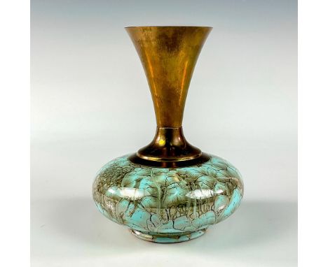 Turquoise toned with lustre finish &amp; branch patterning. Brass upper portion.Hand Painted Delft Holland on bottom of piece