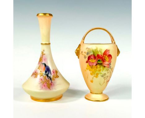 Delightful set featuring hand painted vessels with a flower and bird; heavy gilt decorations. Royal Worcester backstamp. Lock