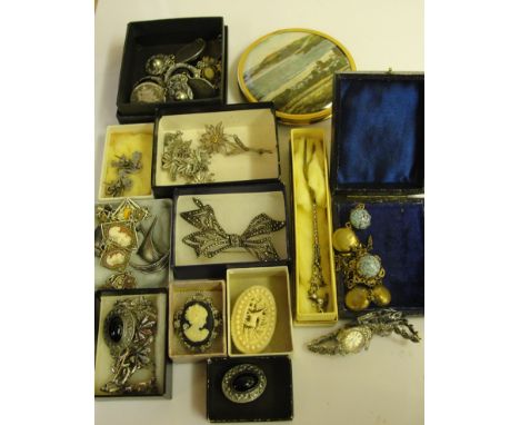 A quantity of vintage dress jewellery to inc marcasite watch, necklace, brooch, Norwegian silver ship brooches, bone carved s