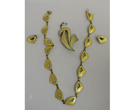 C1940`s Norwegian silver and yellow enamel demi-parure, consisting of necklace, earrings and brooch (pin missing from brooch)
