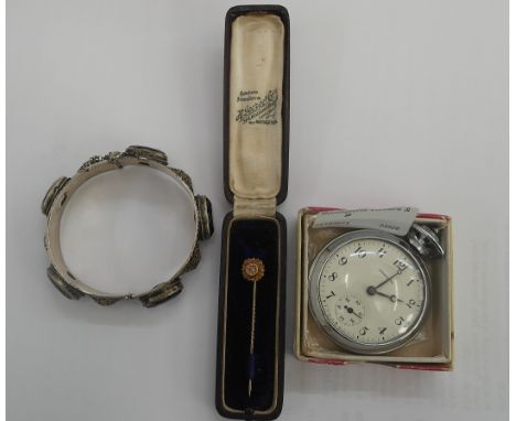 A cased gold and diamond pin; together with a pocket watch and a silver and amethyst bangle