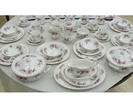 A Royal Albert Lavender Rose part dinner service comprising 6 dinner plates, 6 side plates, 6 dessert bowls, 2 lidded tureens