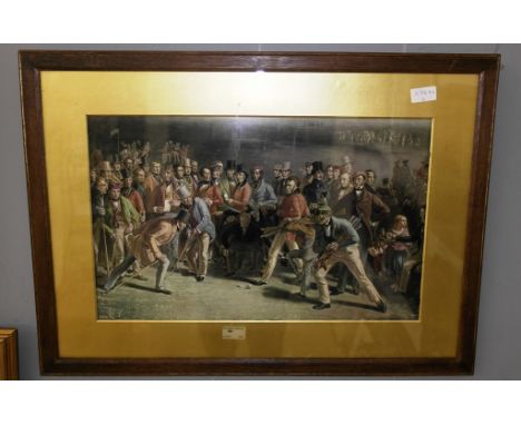 A colour print depicting a Victorian golfing scene 