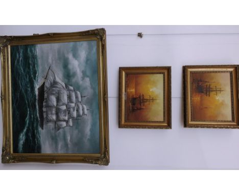 Three oils of maritime subjects to inc an indistinctively signed portrait of a ship on high seas; together with two coastal s