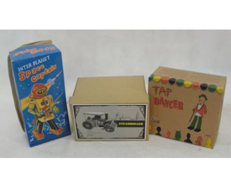 Three (3) tin toys; robot, steam roller and tap dancer