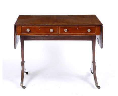 A REGENCY STYLE MAHOGANY SOFA TABLE on end supports, 145cm wide x 64cm deep