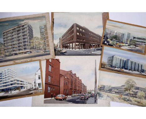 A SELECTION OF ARCHITECTURAL DRAWINGS AND WATERCOLOURS, some signed 'Gill'