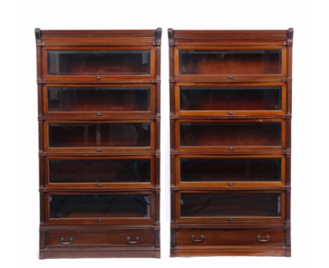 A PAIR OF MAHOGANY GLOBE WERNICKE STYLE BOOKCASES with architectural decoration 90cm wide x 170cm high 