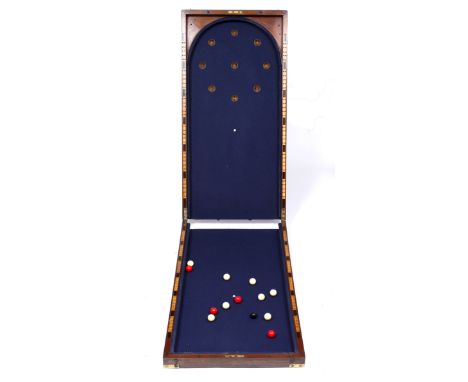 A VICTORIAN MAHOGANY FOLDING BAGATELLE BOARD with brass mounted corners, the interior with blue felt lining, 46cm wide x 182c