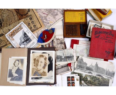 A LARGE QUANTITY OF EPHEMERA and other items to include postcards, souvenir albums, a 1952 copy of Wisdom, Victory jigsaw puz