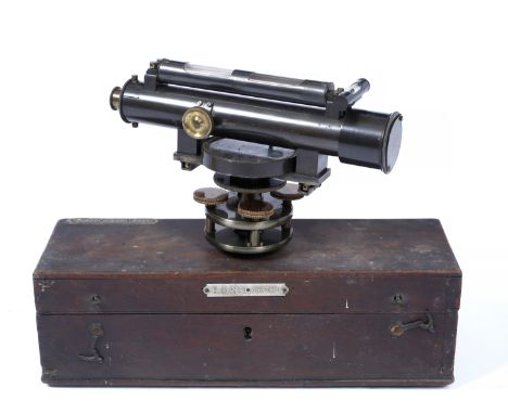 AN ANTIQUE LACQUERED BRASS SURVEYORS LEVEL and compass by Troughton Simms, London 28cm long, with fittings and in a fitted ca