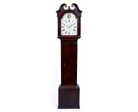 AN OAK LONG CASE CLOCK with painted dial and eight day movement, two weights and pendulum, 204cm high