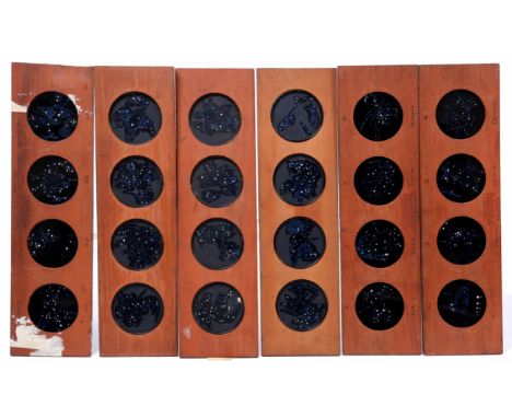 A GROUP OF NINE LONG MAGIC LANTERN SLIDES to include three with mechanical elements, others showing star clusters, each slide