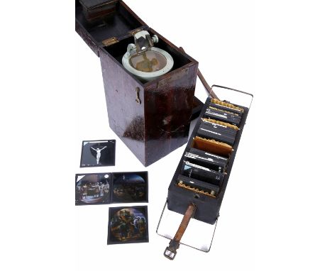 A SESTREL HAND HELD COMPASS, stamped Henry Browne & Son, 25cm high with fitted case together with a box of magic lantern slid