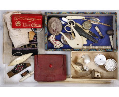 A SELECTION OF LATE 19TH CENTURY BONE AND MOTHER OF PEARL NEEDLEWORK ACCESSORIES including needlecase, tape measure, pin cush