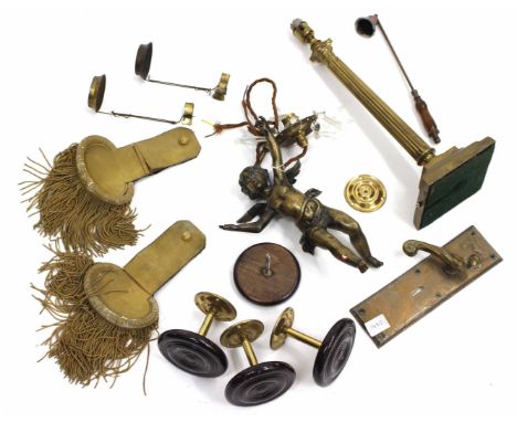 A COLLECTION TO INCLUDE A CHERUB WALL LIGHT, a collection of door furniture, a brass column lamp and a pair of epaulettes (qu