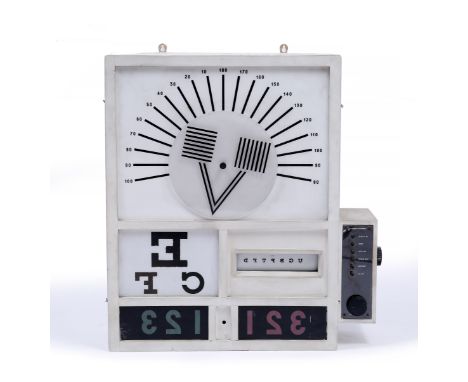 AN OPTICIANS WALL MOUNTED VINTAGE LIGHT UP EYE TESTING BOX 69cm wide x 73.5cm high 