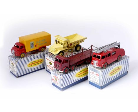FOUR BOXED DINKY SUPERTOY MODELS including a Foden flat truck in red, a fire engine, Big Bedford van and Auclid truck (4)