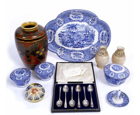 A SET OF SIX SILVER TEA SPOONS, a Chameleon ware vase, a blue and white dressing table set, mille fleur glass paperweight and