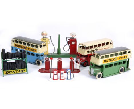 THREE DINKY DUNLOP TYPES ADVERTISING GLASSES, wheel rack etc