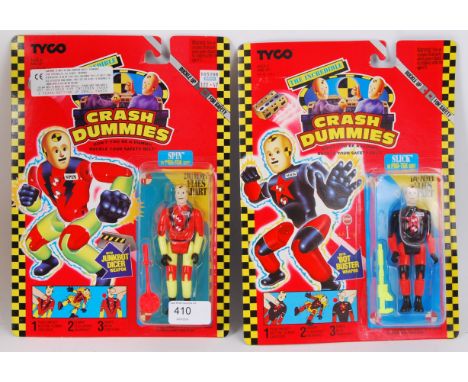 CRASH DUMMIES; Two vintage 1990's Tyco made ' Crash Dummies ' carded action figures Slick & Spin. Both on original card backs