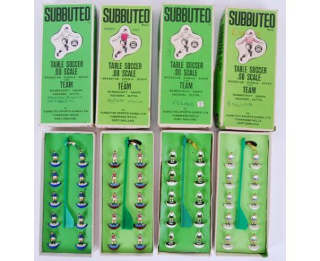 SUBBUTEO: A collection of 4x vintage boxed Subbuteo tabletop football teams, each complete with all figures. Sets include; Fu