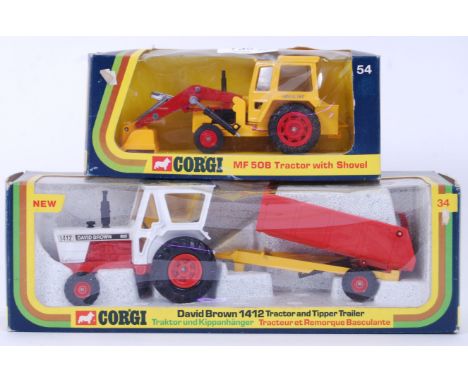 CORGI: Two vintage original Corgi boxed diecast model tractors; 34 David Brown 1412 & Tipper Trailer and No. 54 Massey Fergus